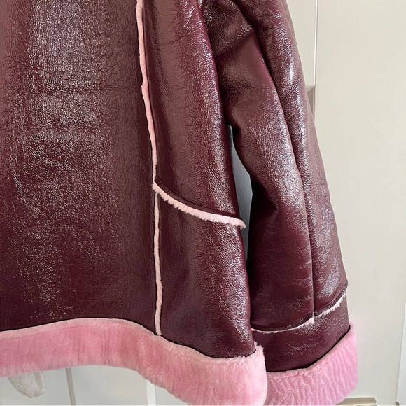 Boohoo Women’s Faux Fur/Leather Lined Sherling Burgundy/Pink Crop Trucker Jacket - Picture 8 of 12